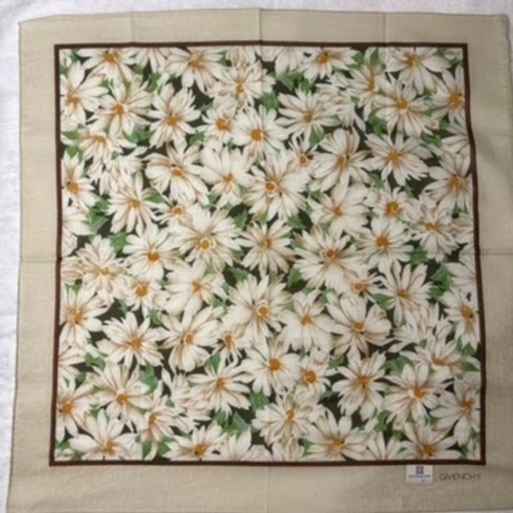 Vtg GIVENCHY Scarf Handkerchief Floral Daisy Cotton Beige 19"